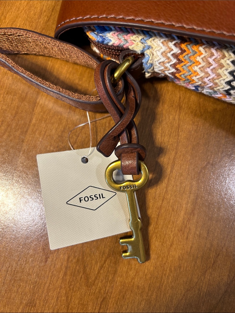 Fossil Kinley Tan Leather Flap Crossbody with Multicolor Knit Body - Picture 4 of 12